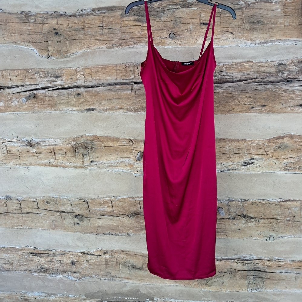 XXXiticat Red Stretch Satin Drape Neck Midi Slip Dress Size Small